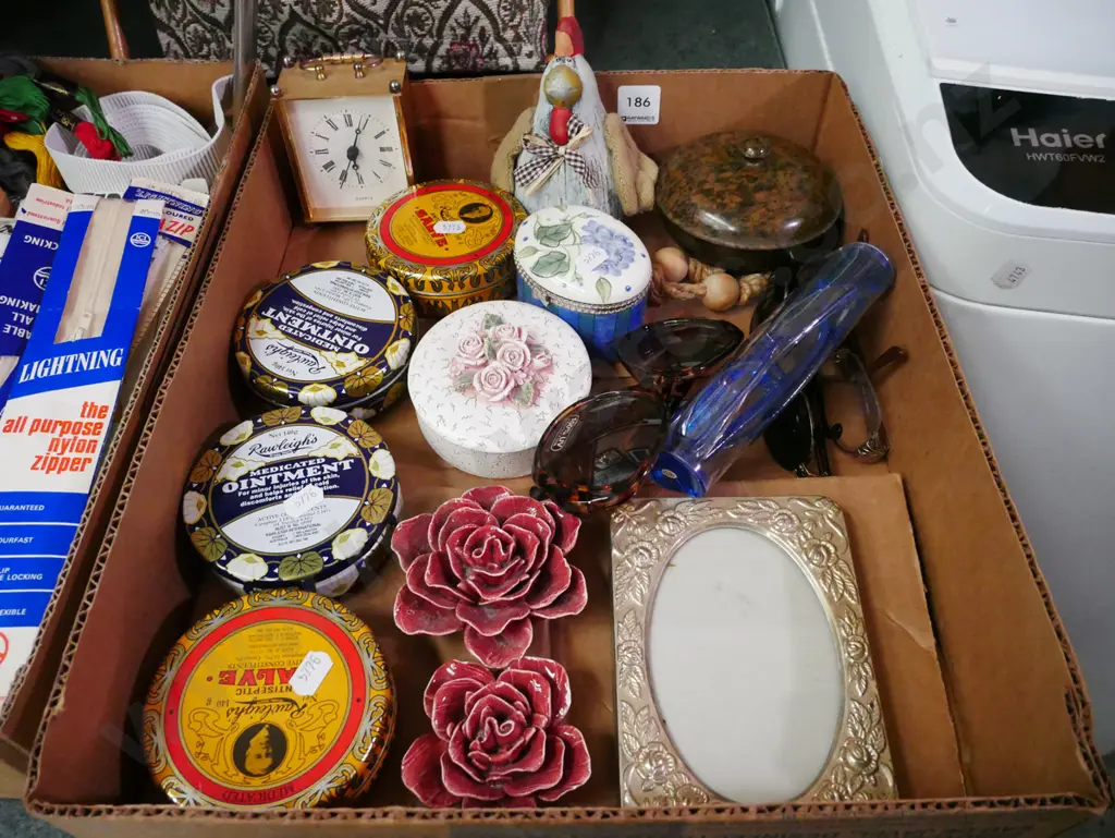 box; Rawleigh's tins, glasses, picture frame etc Image 1++