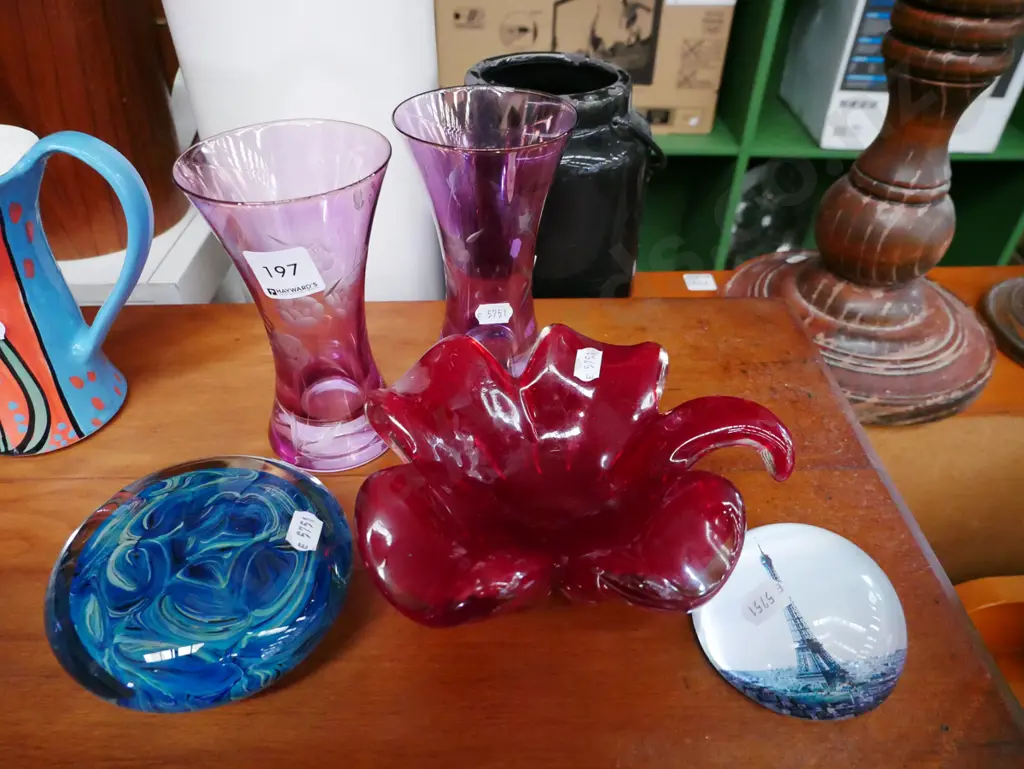 2x hand cut glasses, paperweights, bowl Image 1++