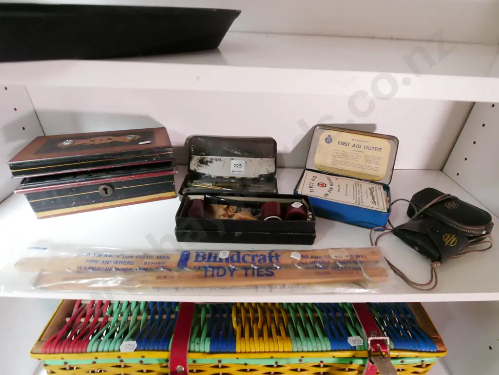 shelf; vintage cash box, pipes, first aid kit, tidy ties etc Image 1++