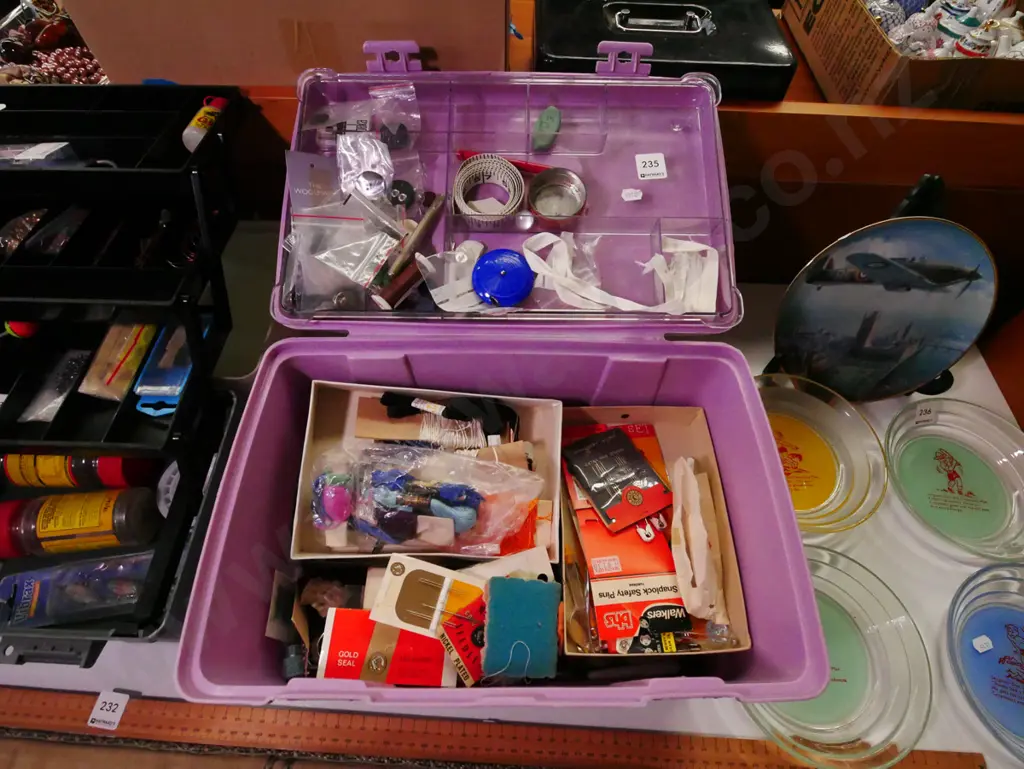 plastic sewing container, buttons, needles, threads etc Image 1++