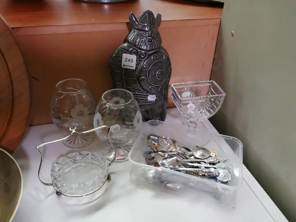 cut glass goblets, teaspoons, Viking figurine - chip to ear etc Image 1++