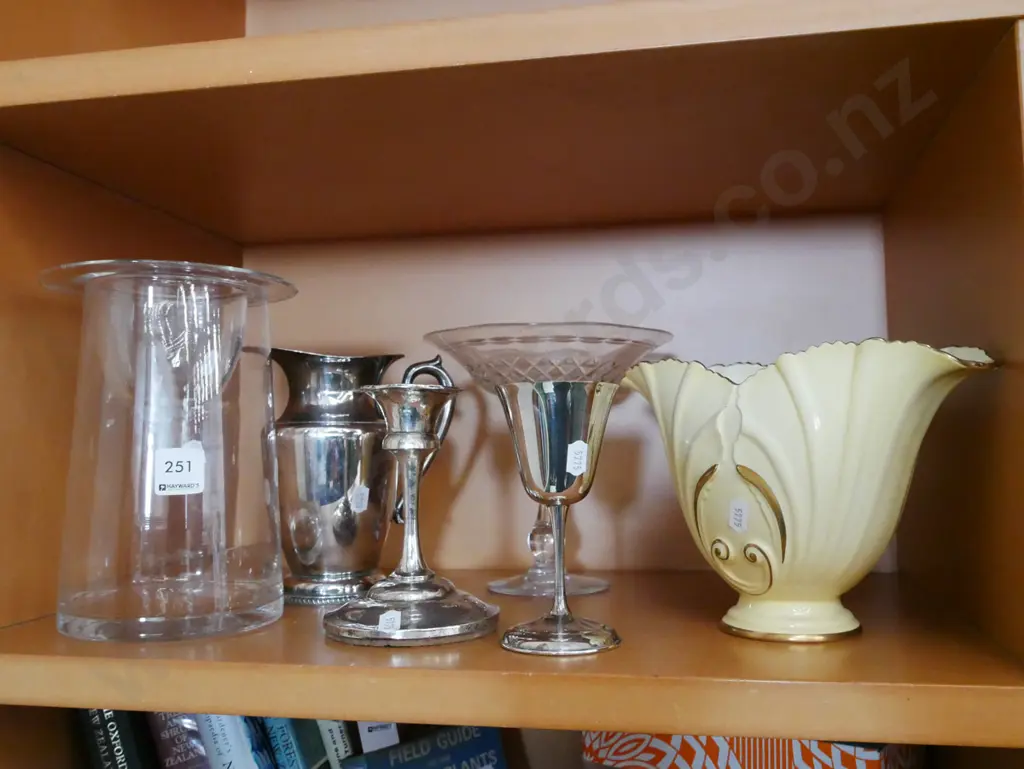 plated jug, candlestick, Carlton ware goblet, vase, glass comport, glass vase Image 1++