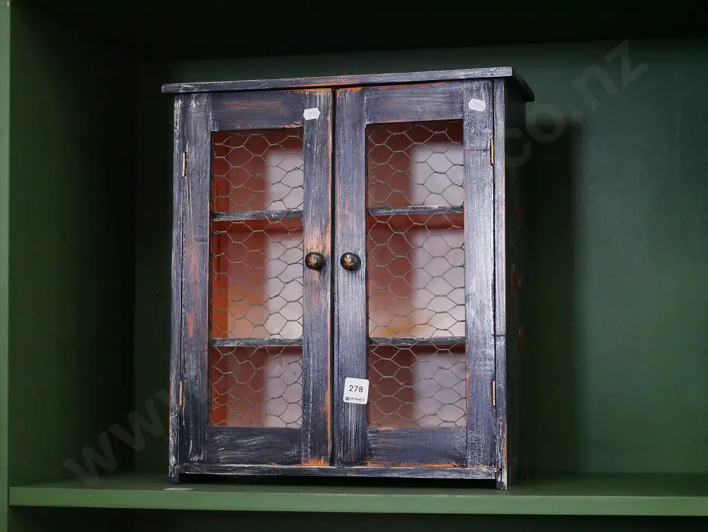 small 2 door French themed cupboard with wire netting insets H-420 W-260 D-150 Image 1++