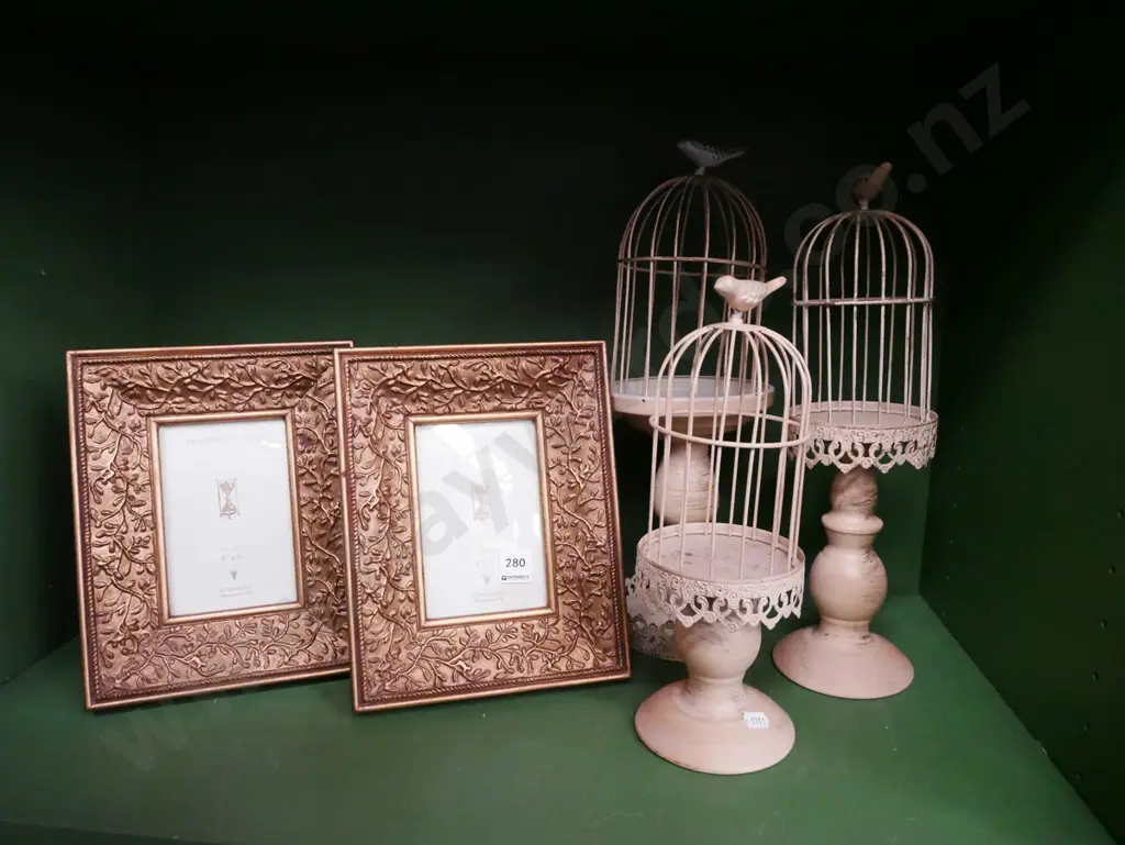 shelf; 2x gilt framed, 3x faux reproduction Fench bird cages on stands Tallest H-400 Image 1++