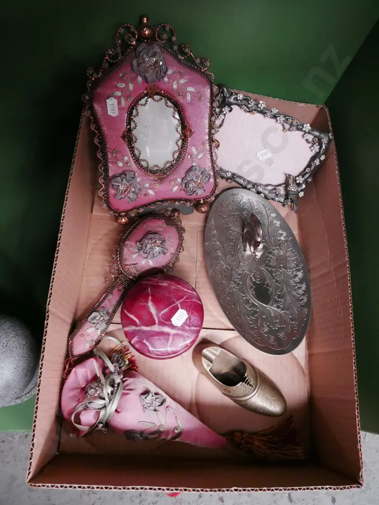 box; ornate plush picture frame, clothes, brushes, brass shoe etc Image 1++