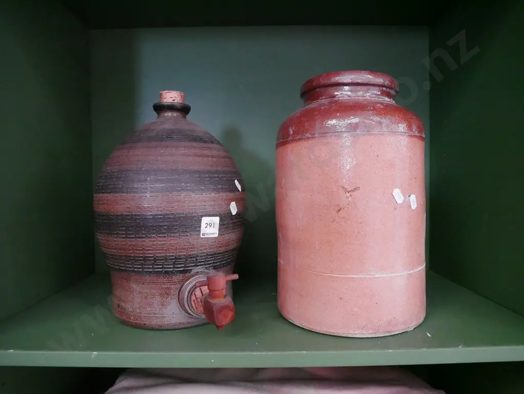 studio pottery crock with wooden tap and cork - has significant crack, salt glazed wide mouth crock H-320 Image 1++