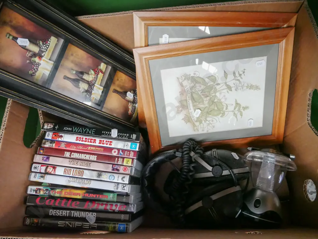 box; herb prints, DVDs, headphone, camping light etc Image 1++
