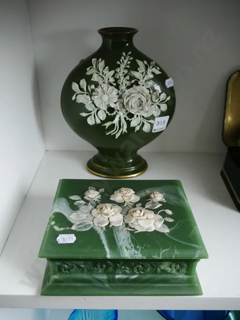 ornate green and white vase, Marlstone trinket box Image 1++