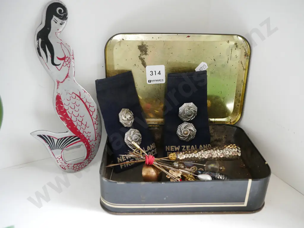 vintage tobacco tin, mermaid bottle opener, hat pins, fire brigade epaulette Image 1++