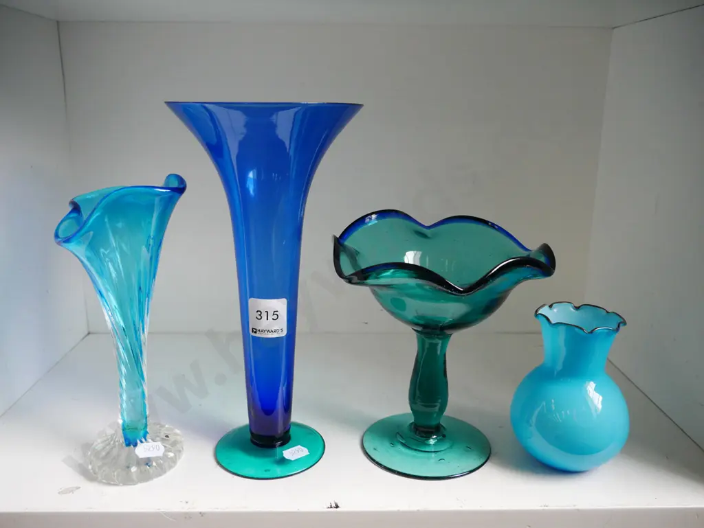 3x blue glass vases, glass comport, Tallest H-235 Image 1++