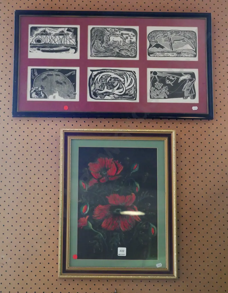 framed 6x First Nation prints, framed pastel - poppies - red dots Image 1++