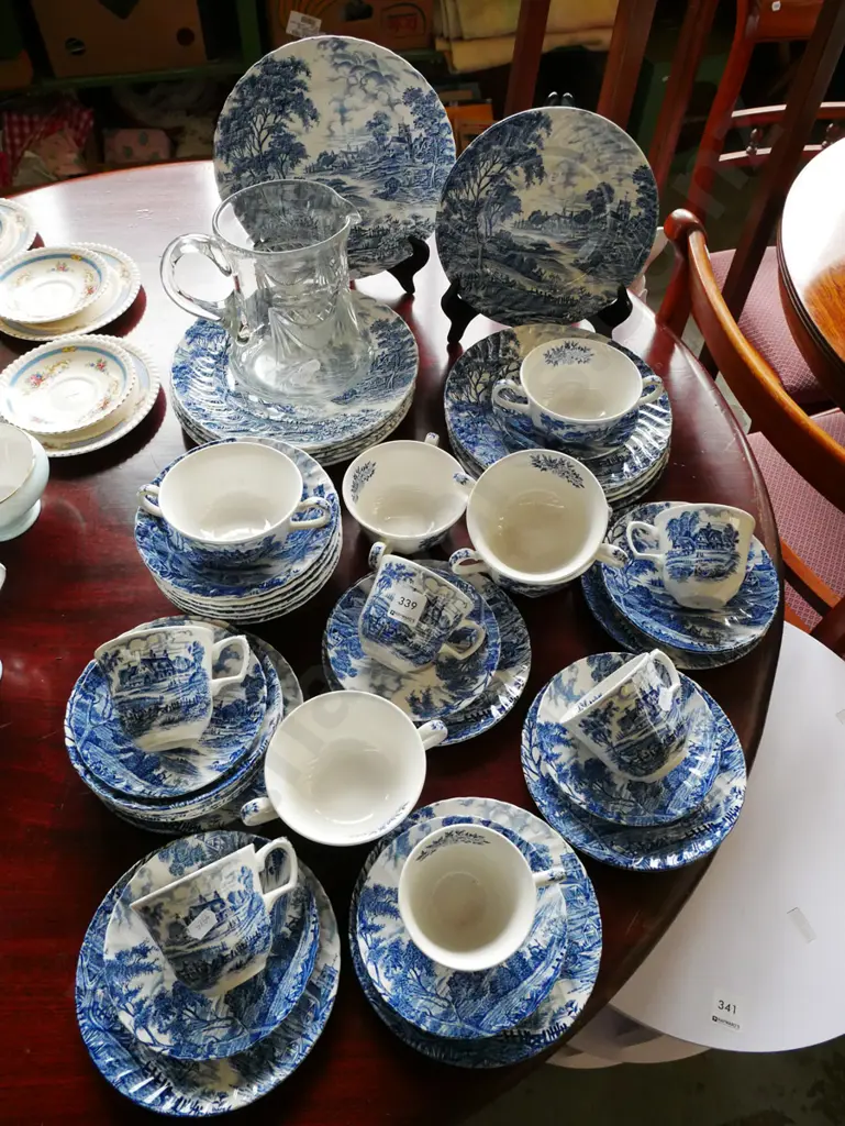 cut glass water jug, assorted Ridgway Meadow Sweet dinner items; cups, bowls, plates Image 1++