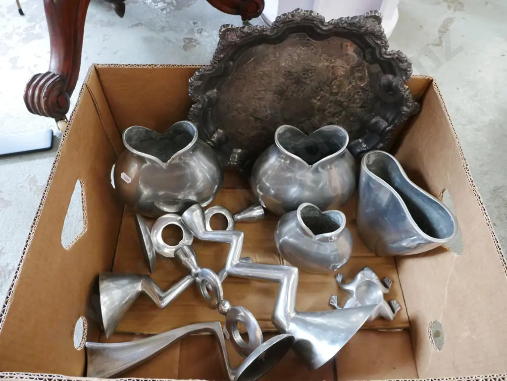 box; cast alloy vases, candlesticks,plated ware tray Image 1++