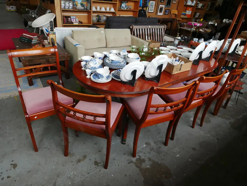 extending mahogany dining table with 6 spindleback chairs - 1 brass claw foot needs attention  Image 1++