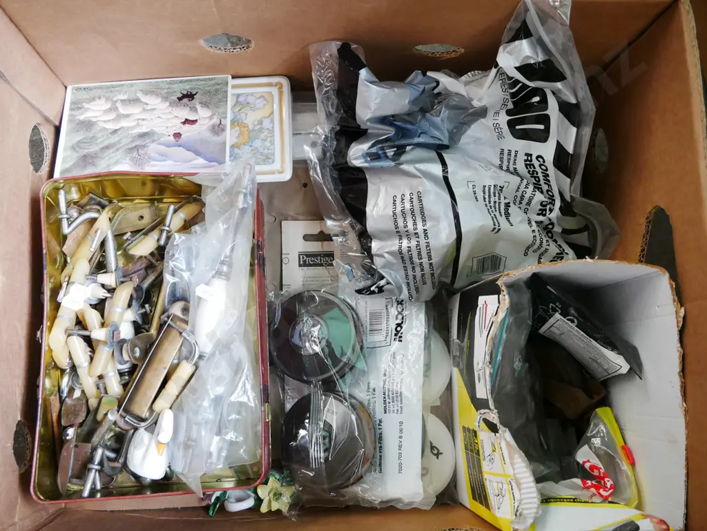 box; cupboard door hardware, respirator, drawer runners etc Image 1++
