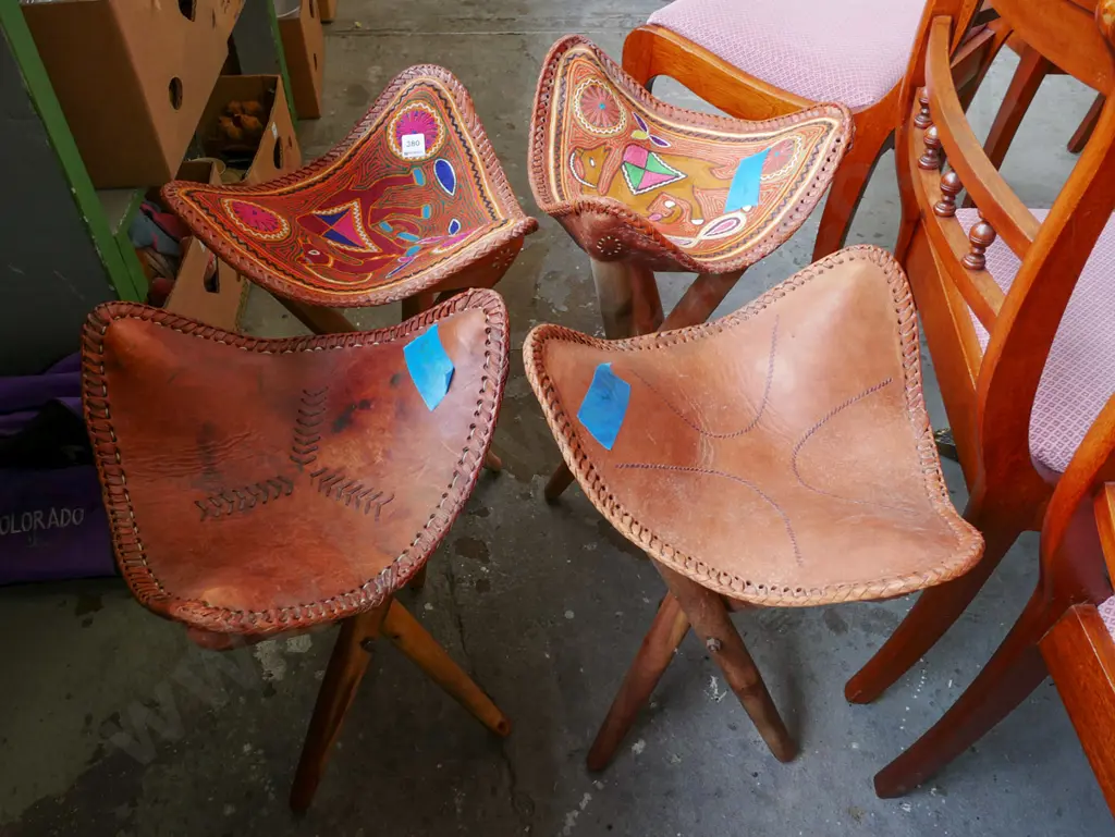 4x leather topped collapsable  stools, 1x carry bag - 2 stools have extensive needlework Image 1++