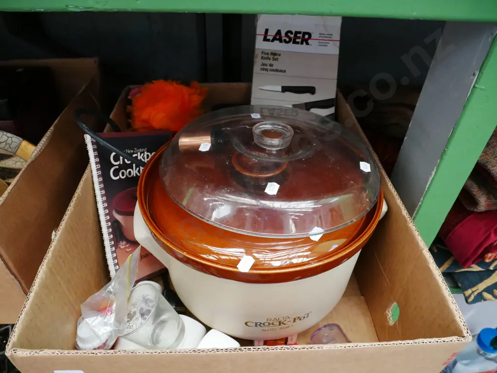 box; crock pot, spare lid, knife set, glass paperweights etc Image 1++