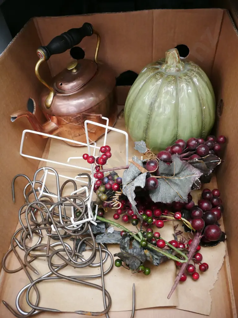 box; plate stands, metal hooks, faux fruit, ceramic pumpkin, copper teapot Image 1++