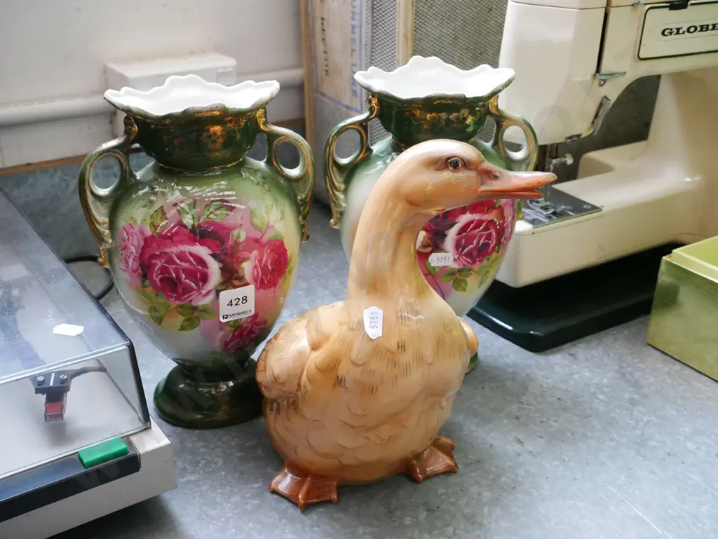 duck figurine, pair of pink rose vases H-240 Image 1++