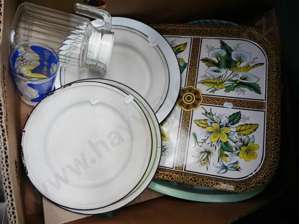 tin trays, enamel bowls, water jug Image 1++