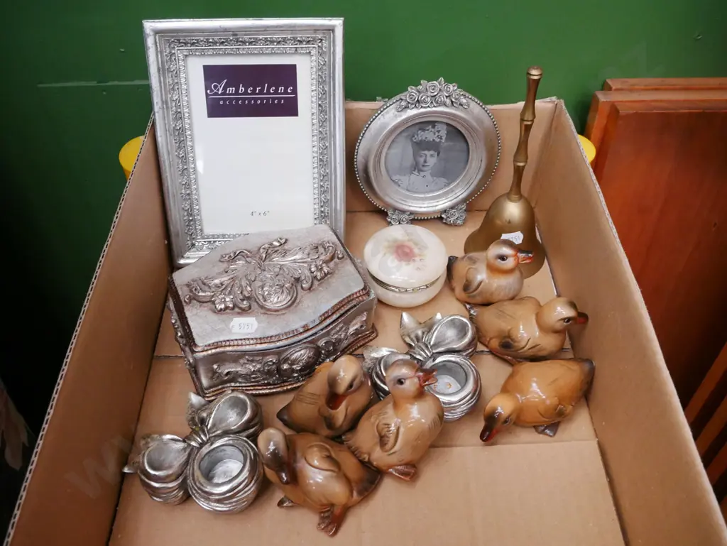 box; duck figurines, candlesticks, brass bell etc Image 1++