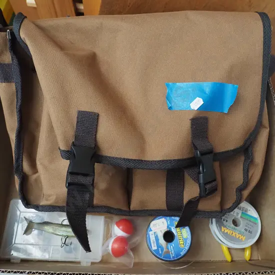 box; fishing bag, lures, pliers, line