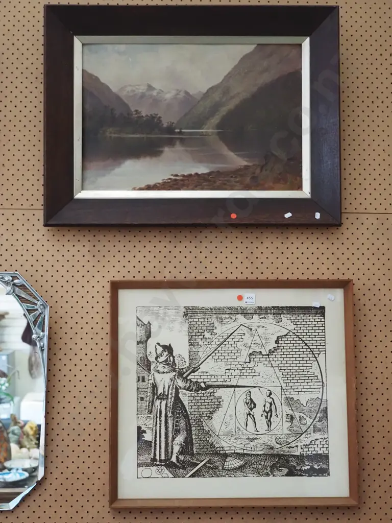 framed colonial oil - lake and mountain scene, framed Masonic print Image 1++