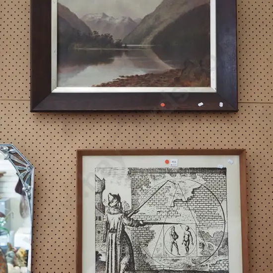 framed colonial oil - lake and mountain scene, framed Masonic print