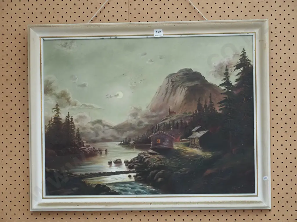 framed oil on board - village by lake Image 1++
