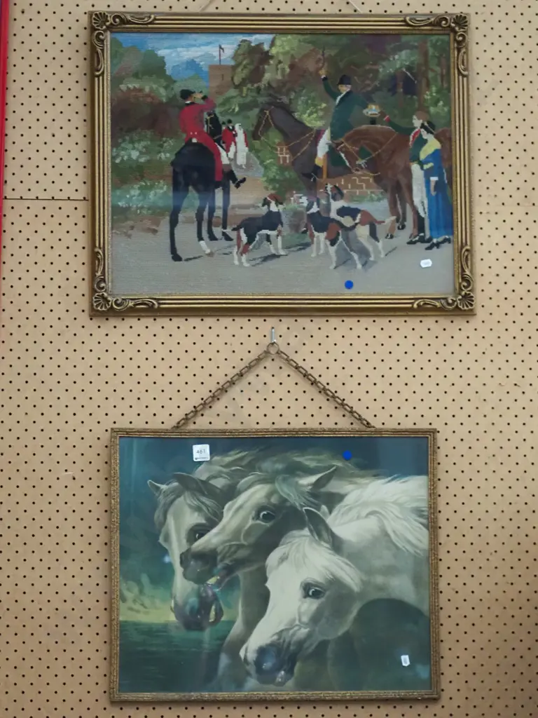 framed hunting needlework, framed horses print Image 1++