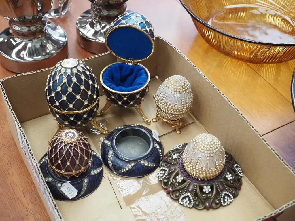 box; ornate Faberge style eggs and various stands Image 1++