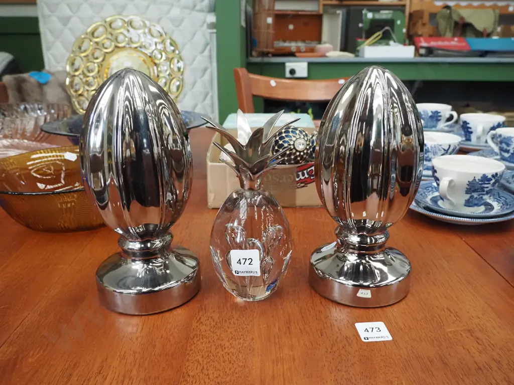 2x ceramic chrome ornaments, glass pineapple candlestick Image 1++