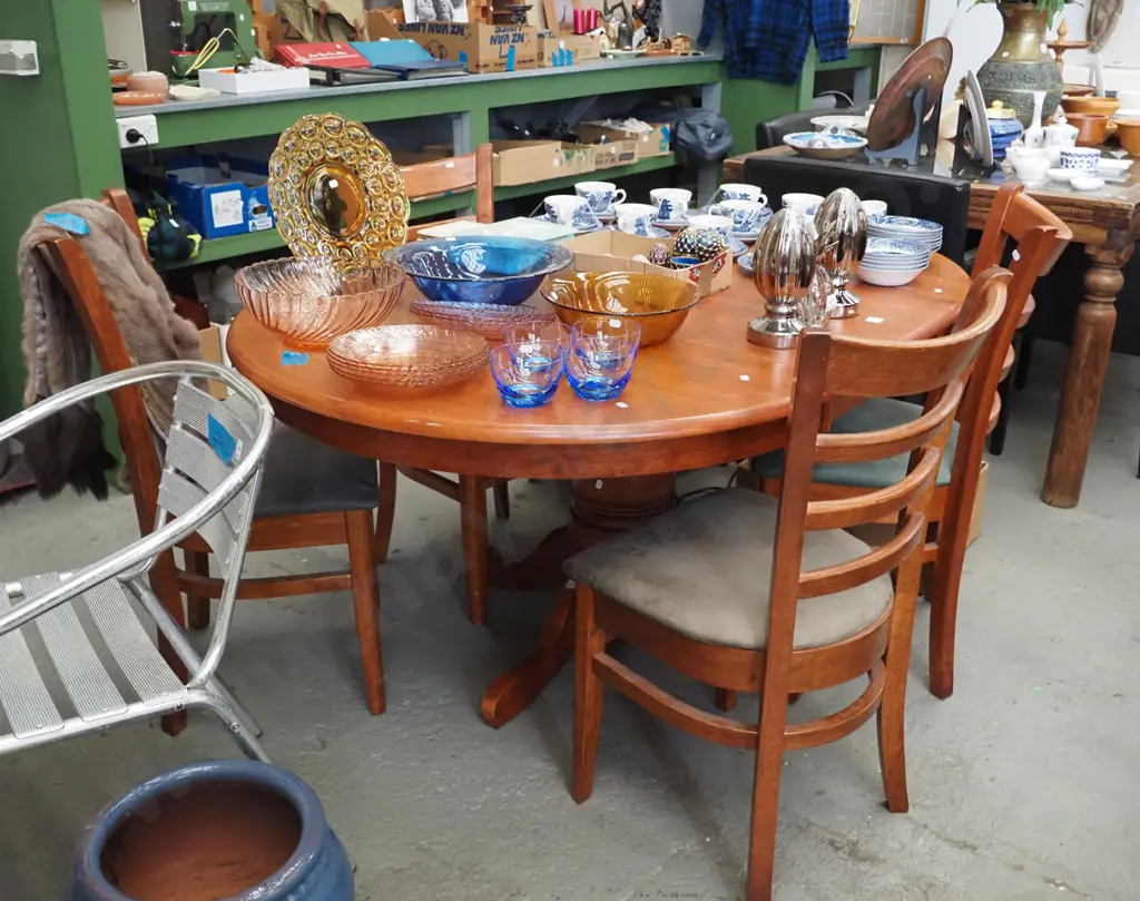 rubberwood dining chair with 4 ladder back chairs - good condition H-750 Exteded W-1500 D-1070 Image 1++