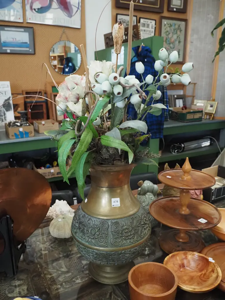 tall brass vase and faux flowers H-420 Image 1++