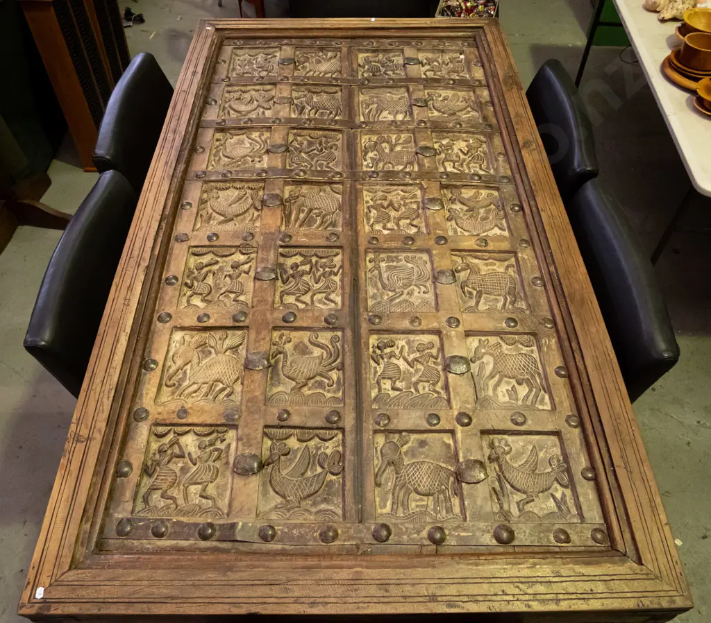  hardwood turned leg dining table with top made from 2 heavily carved temple doors and glass cover Image 1++