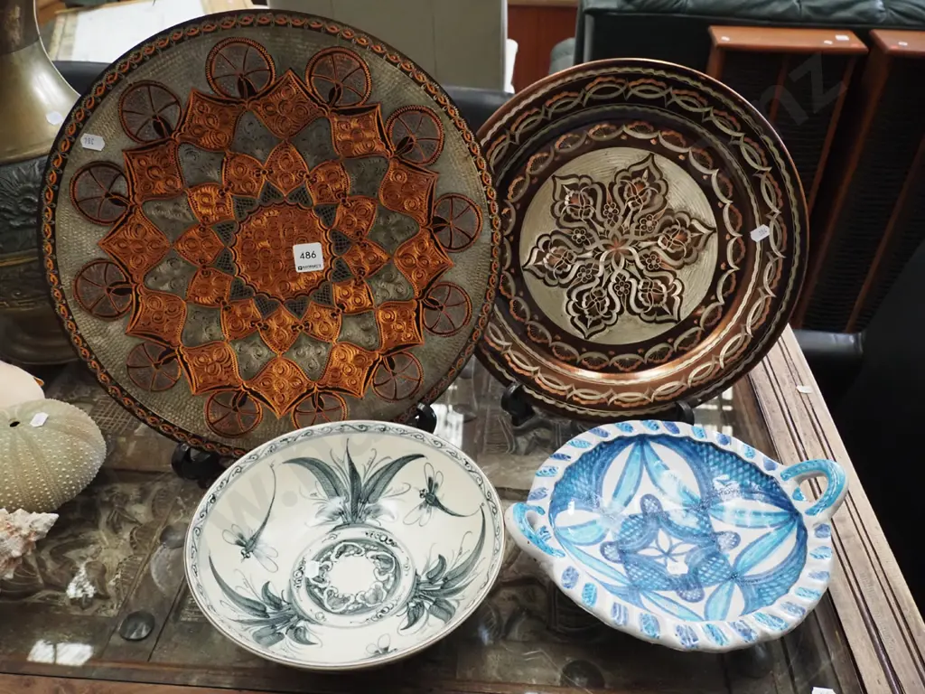 2x etched copper wall chargers, 2x hand painted studio pottery bowls Image 1++