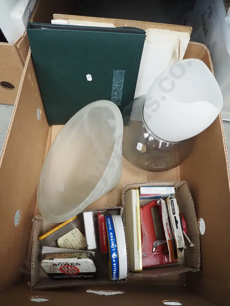 box; 78s, vintage tins, staplers, light shade etc Image 1++