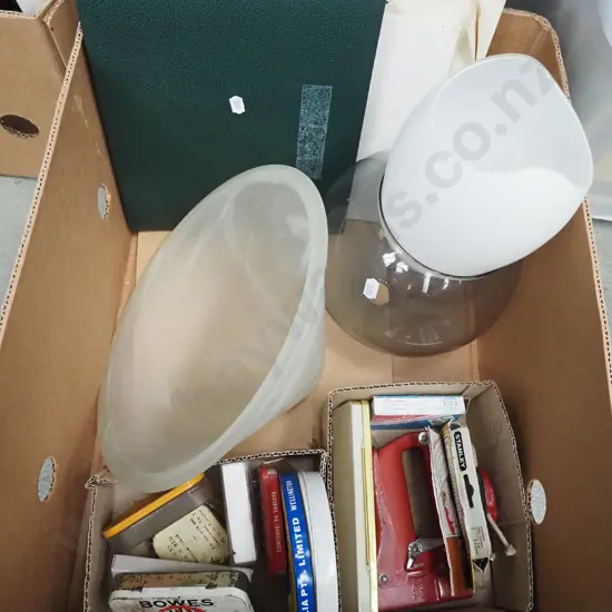 box; 78s, vintage tins, staplers, light shade etc