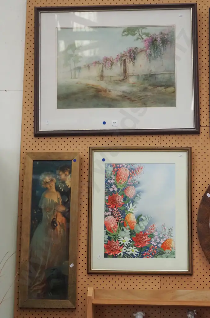 2x framed watercolors,framed 1930s glamour print - blue dots Image 1++