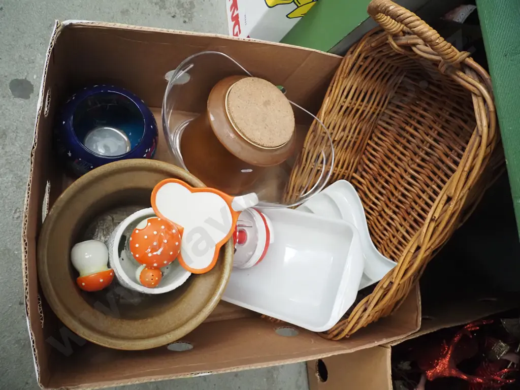 box; cane basket, glass baking dishes, plastic bowls etc Image 1++