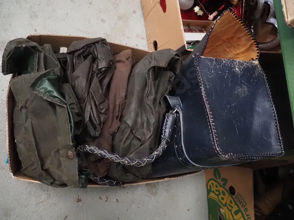 box; wet weather gear, blue leather satchel Image 1++