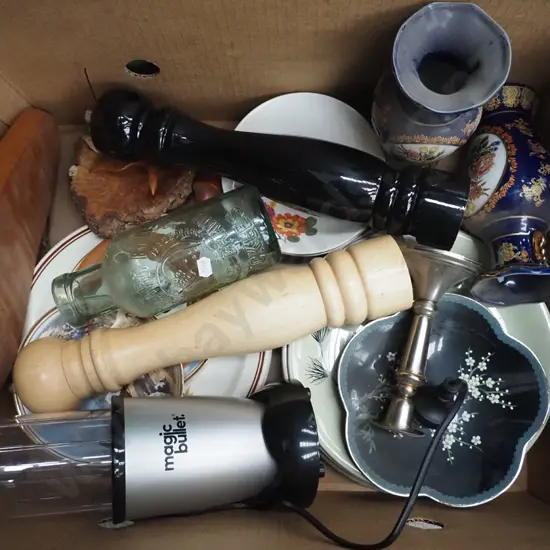 box; salt and pepper grinder, vases, plates, bowls etc