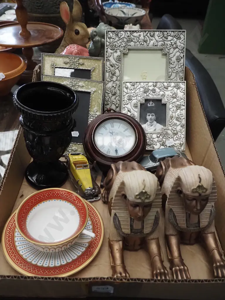 box; cup, saucer, small reproduction wall clock, photo frames etc Image 1++