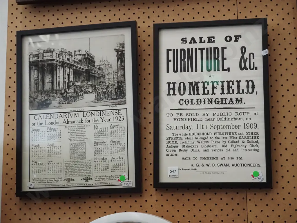 2x framed prints - London Calendar 1923, 1909 auctioneer's poster - green dots Image 1++