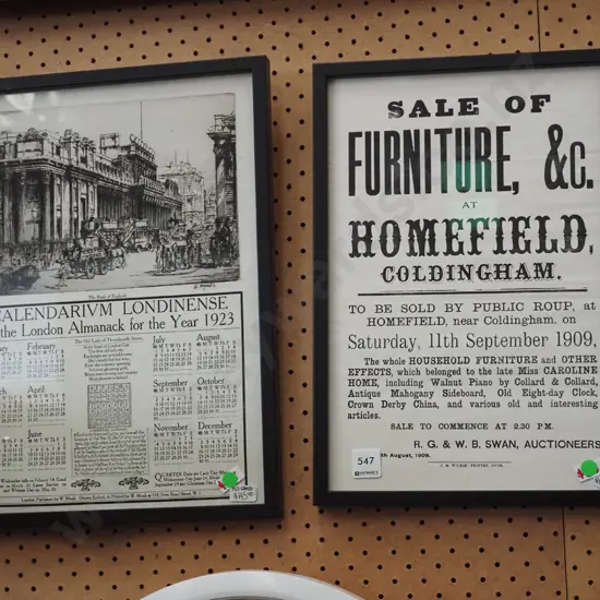 2x framed prints - London Calendar 1923, 1909 auctioneer's poster - green dots