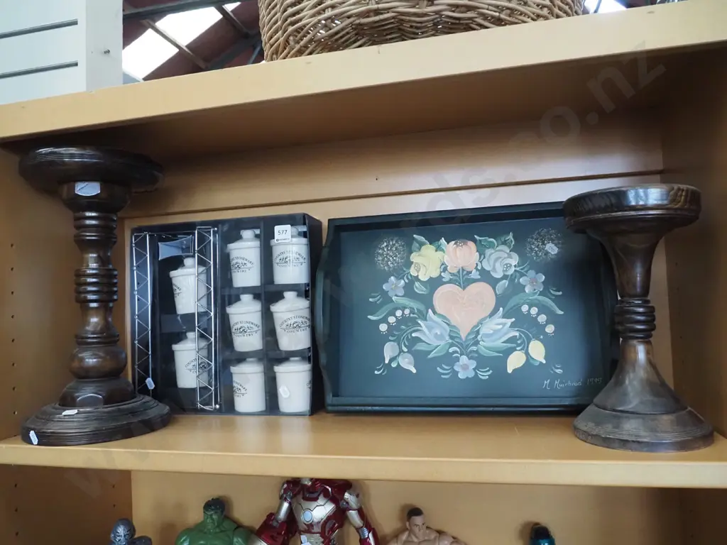 shelf; 2 turned wod jardiniere stands, country stoneware gift , hand painted serving tray Image 1++