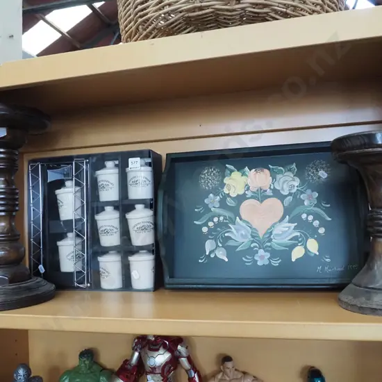shelf; 2 turned wod jardiniere stands, country stoneware gift , hand painted serving tray