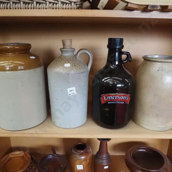 3x stoneware crocks, Emersons flagon
