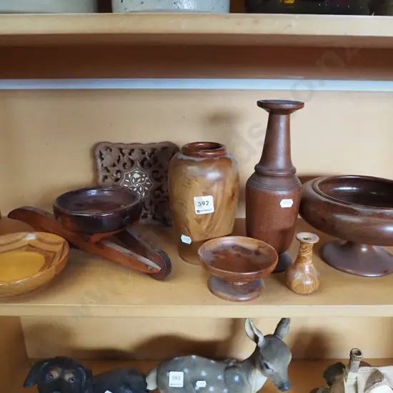 shelf; turned wooden vases etc