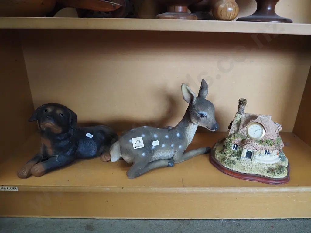 2 composite animal figurines, composite cottage mantle clock Image 1++